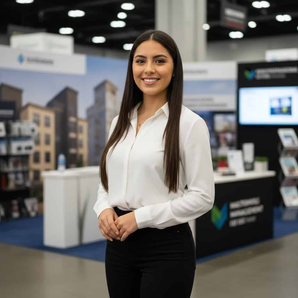 Professional trade show model at NAA Apartmentalize booth