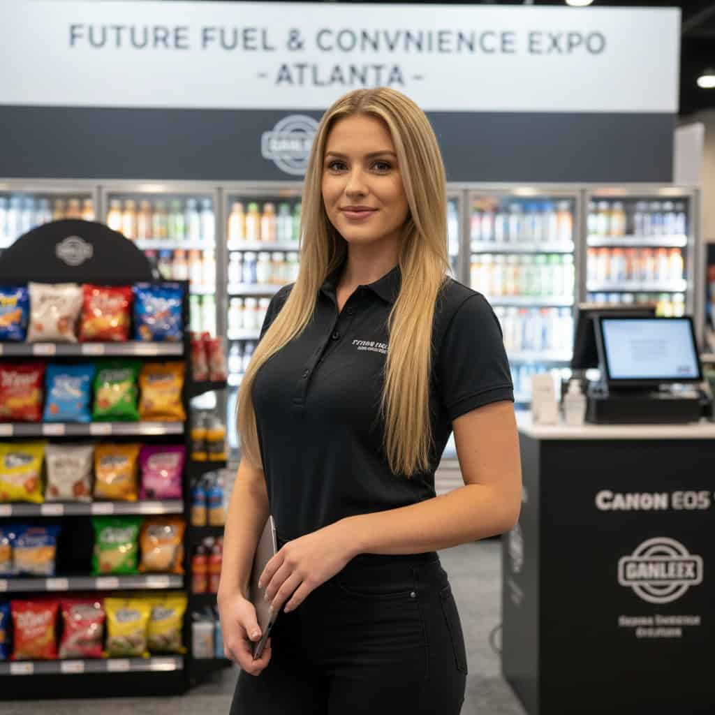 Professional trade show model at NACS Show booth