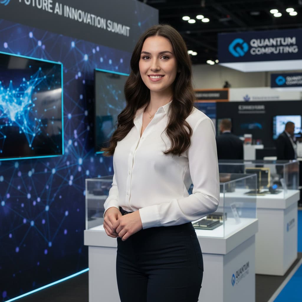 Professional trade show model at NeurIPS booth