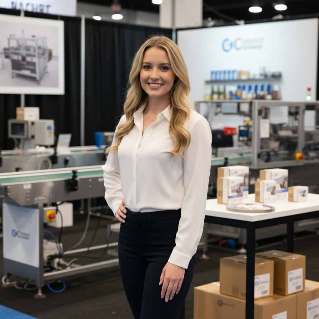 Professional trade show model at PACK EXPO International booth