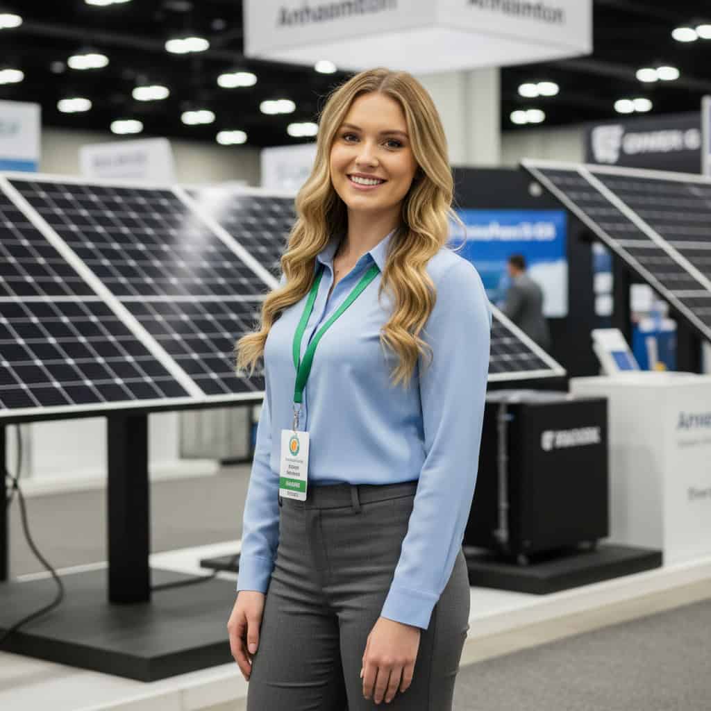 Professional trade show model at RE+ booth