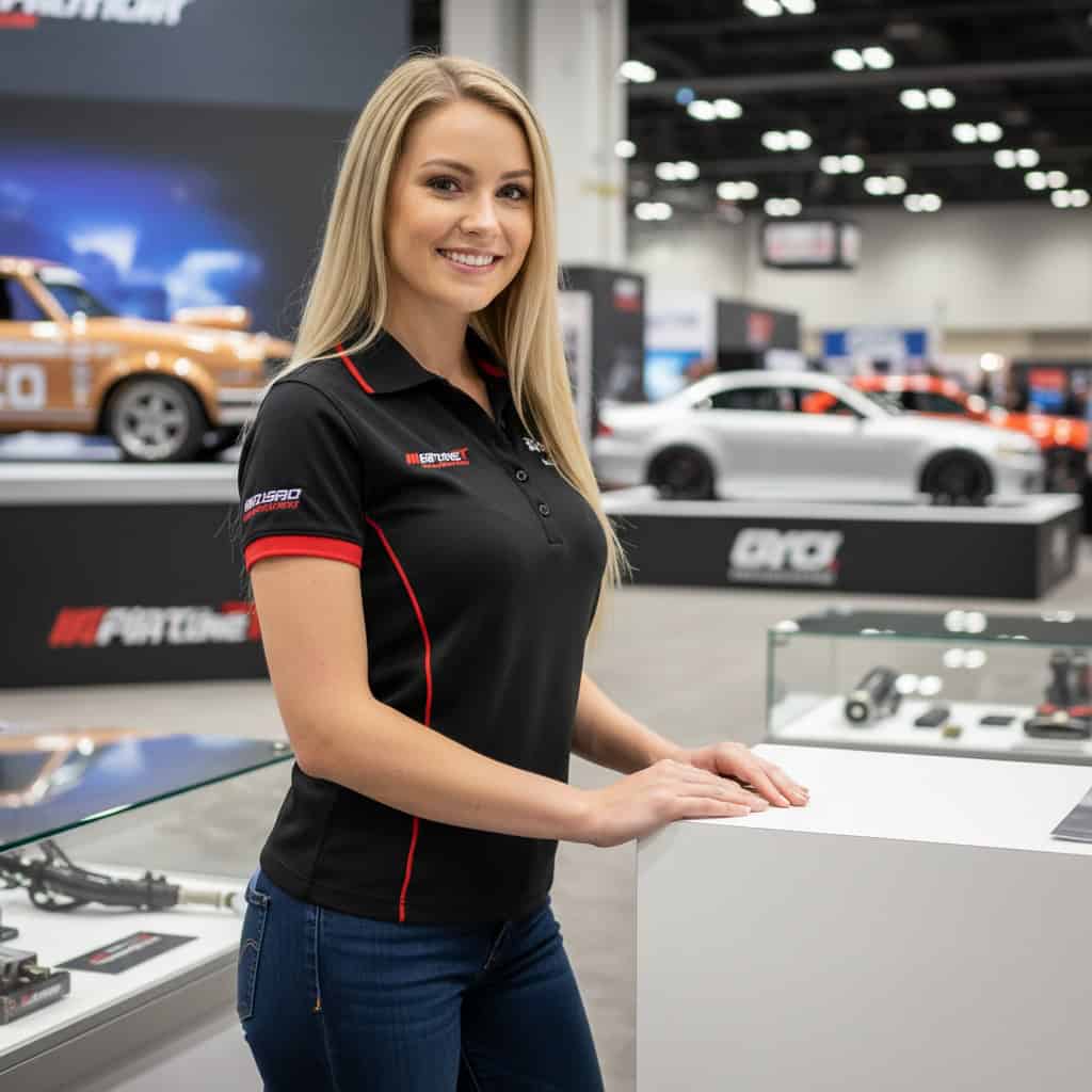 Professional trade show model at SEMA Show booth