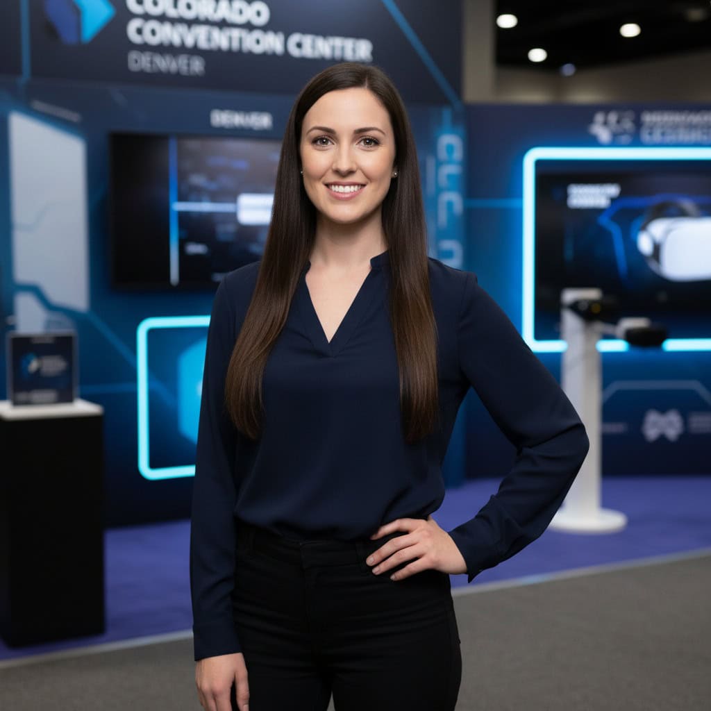 Professional trade show model at SIGGRAPH booth