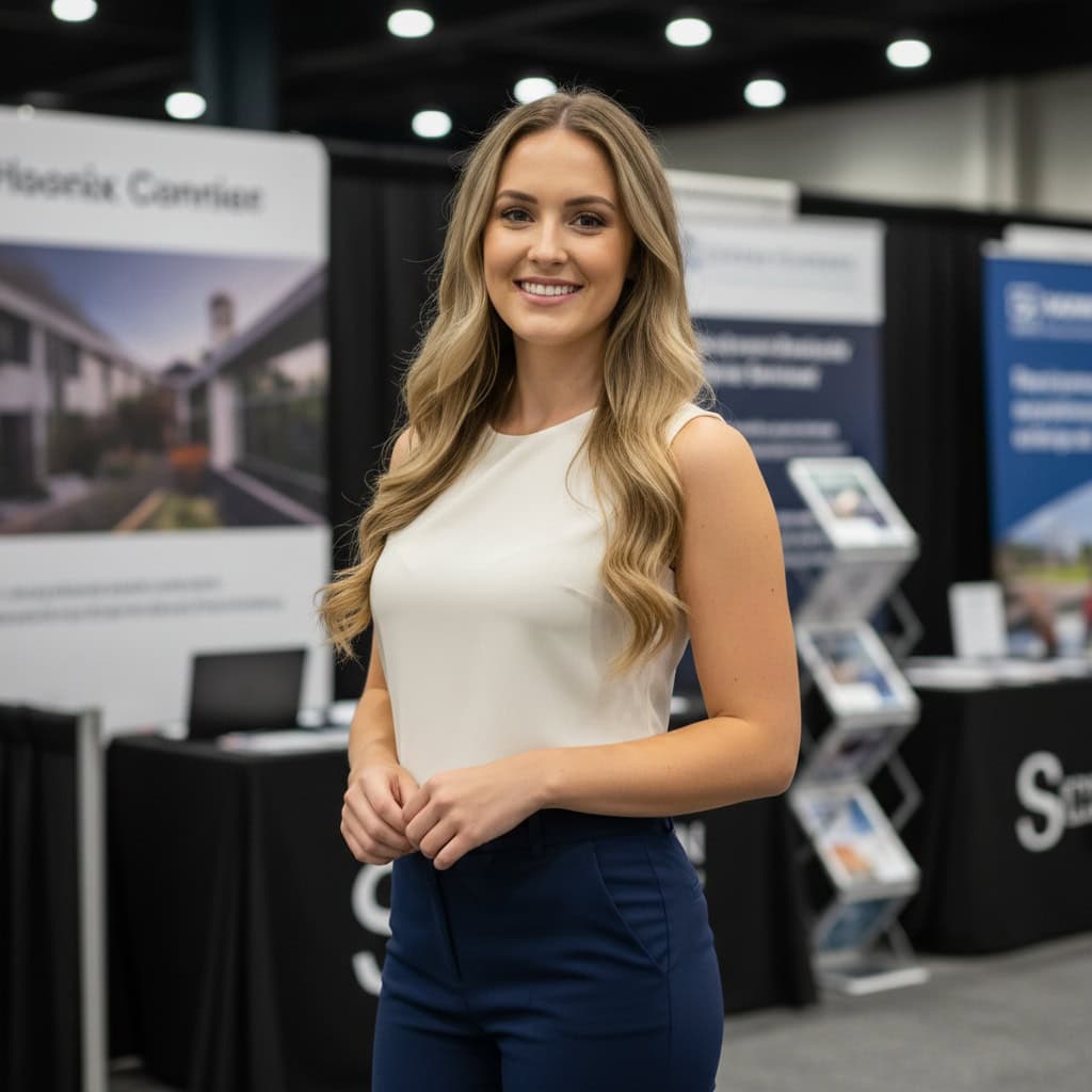 Professional trade show model at Small Business Expo Phoenix booth