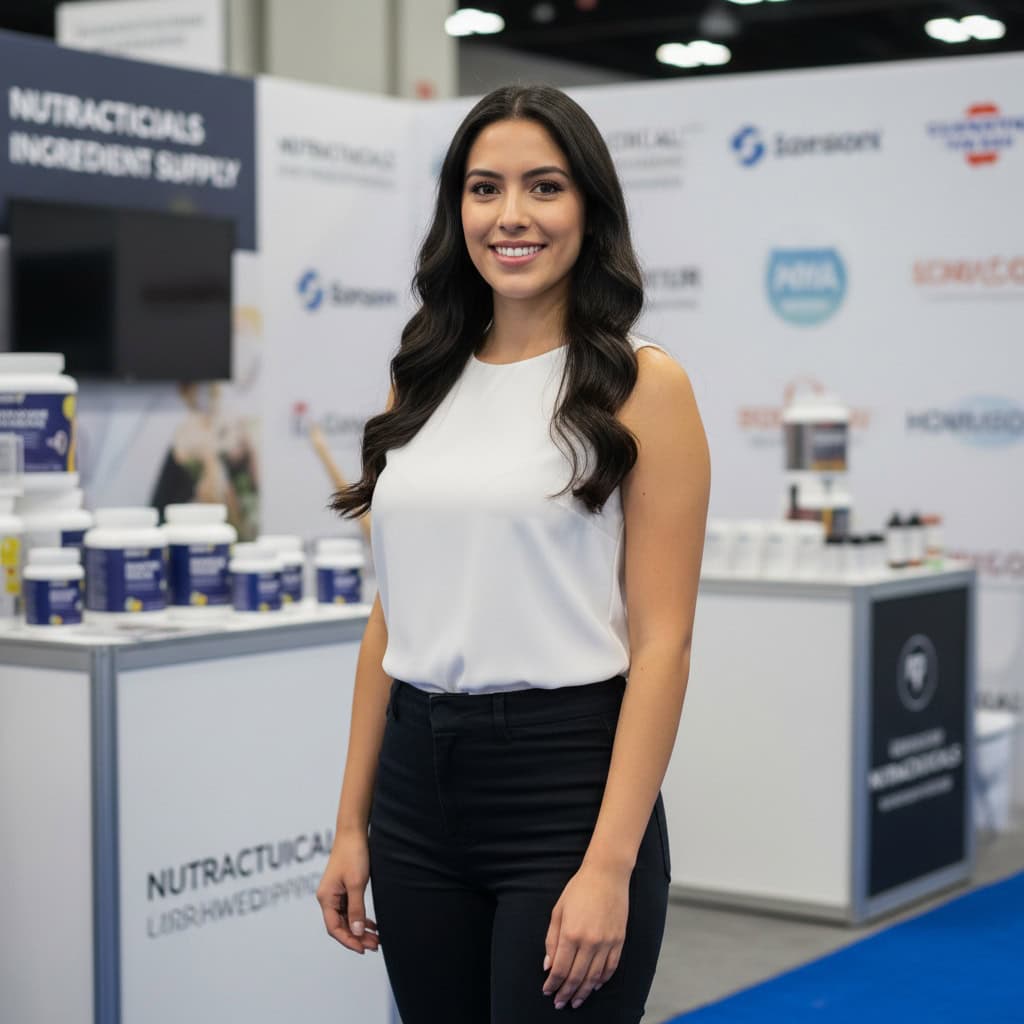 Professional trade show model at SupplySide Global booth