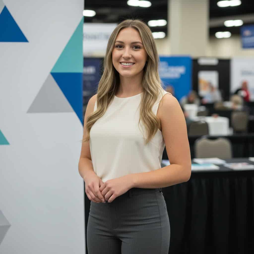 Professional trade show model at Tampa Franchise Show booth