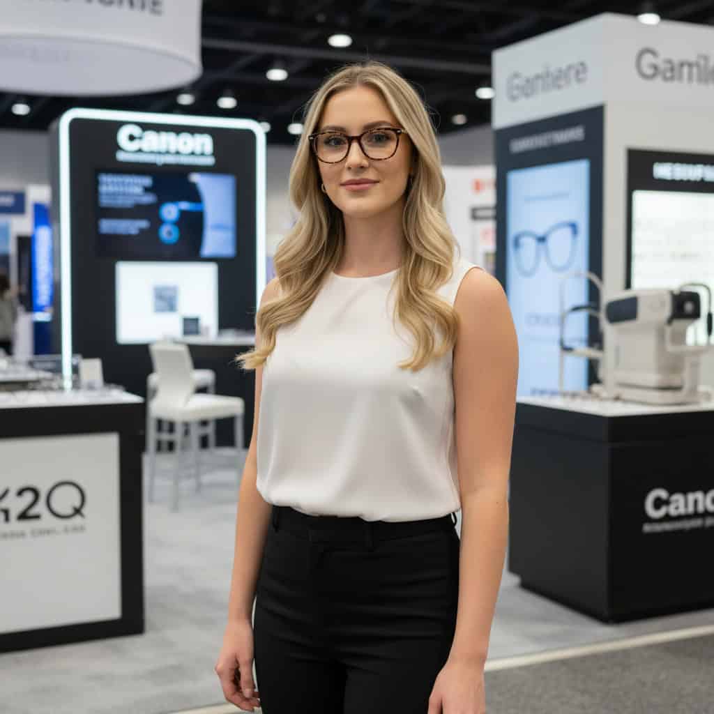 Professional trade show model at Vision Expo West booth
