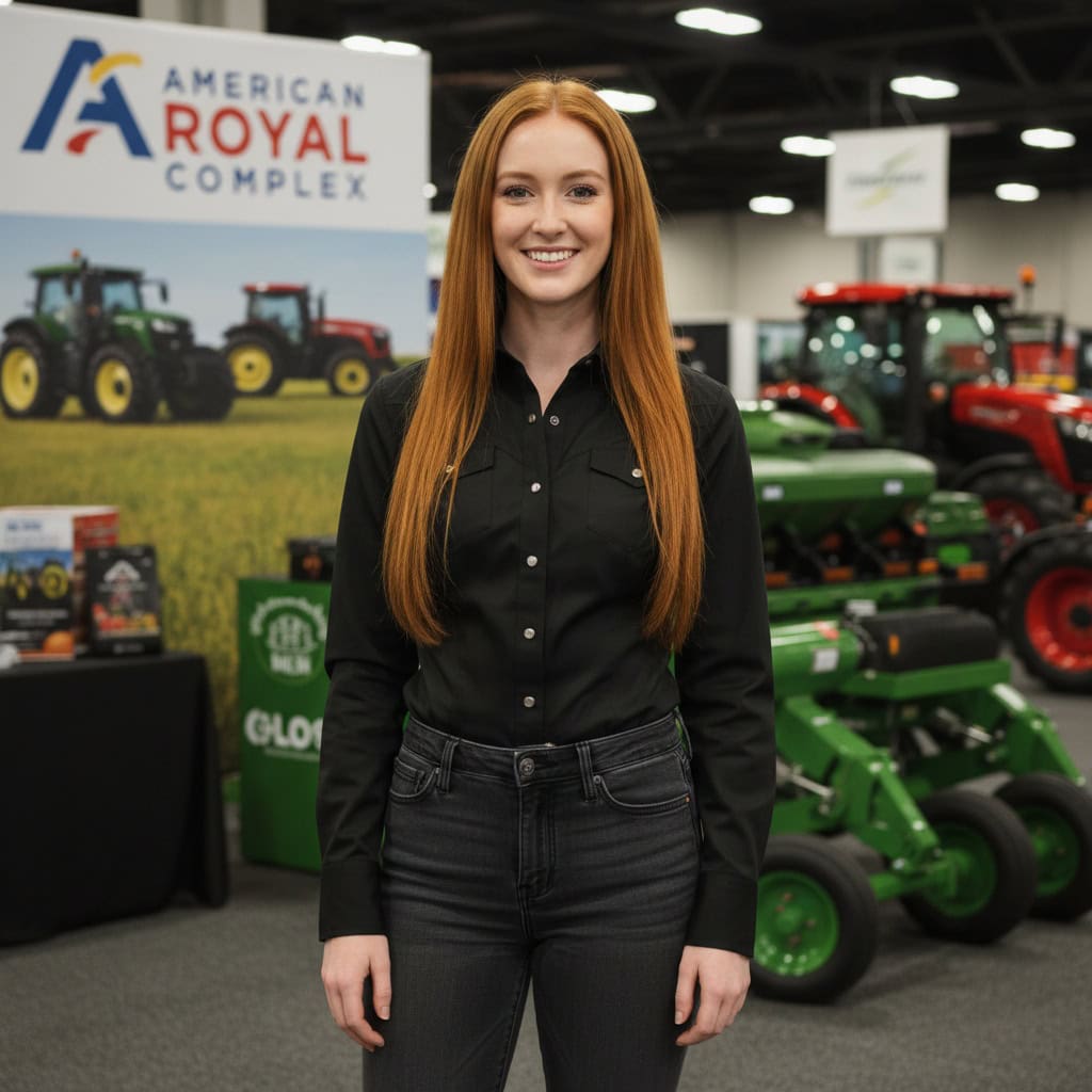 Professional trade show model at Western Farm Show booth